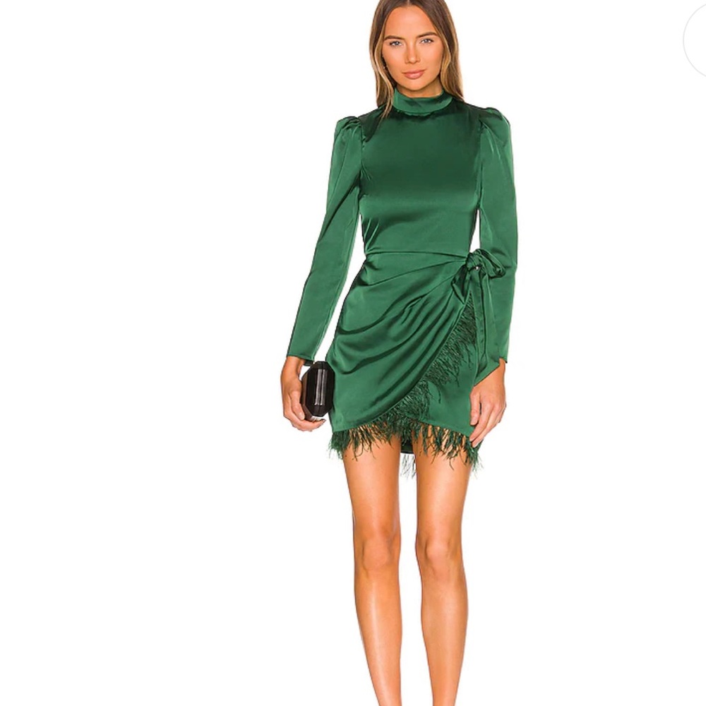 SAYLOR Emerald Green Long-Sleeve Mini Dress with Feather Trim